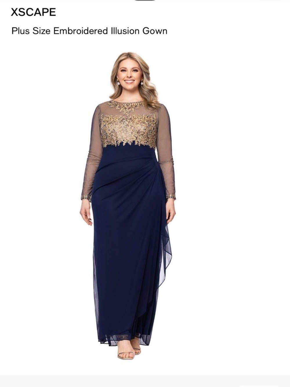 Xscape Navy and Gold Embroidered Long Sleeve Evening Gown